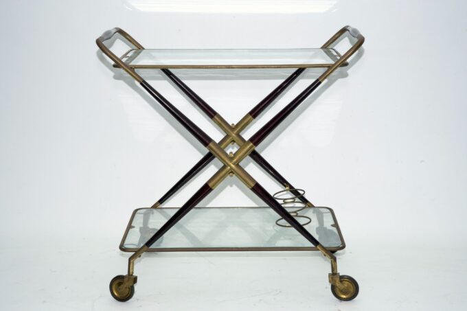 Cesare Lacca, Mid-Century Brass and Wood Bar Cart, Italy, 1950s