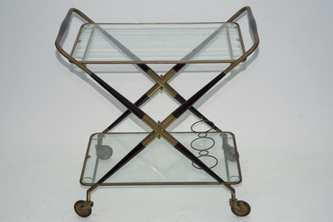 Cesare Lacca, Mid-Century Brass and Wood Bar Cart, Italy, 1950s