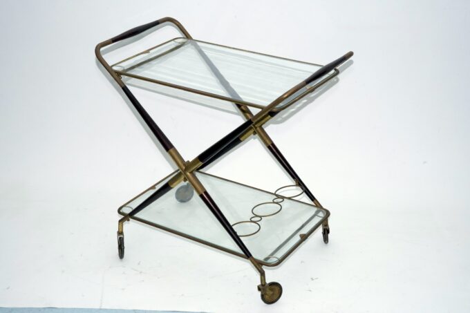 Cesare Lacca, Mid-Century Brass and Wood Bar Cart, Italy, 1950s