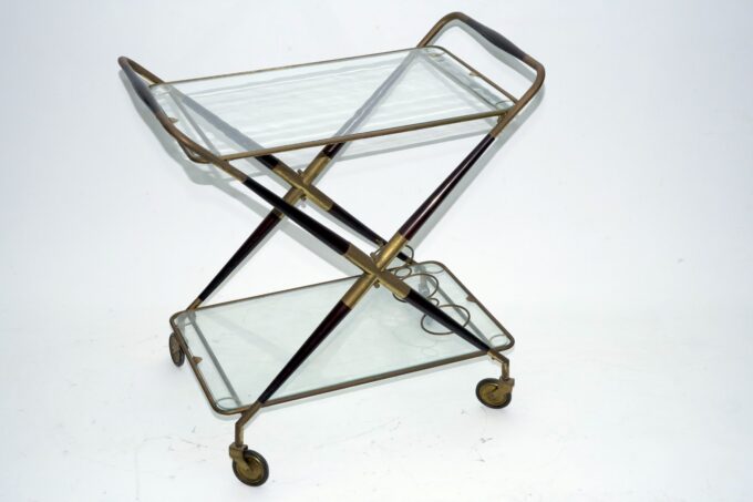 Cesare Lacca, Mid-Century Brass and Wood Bar Cart, Italy, 1950s