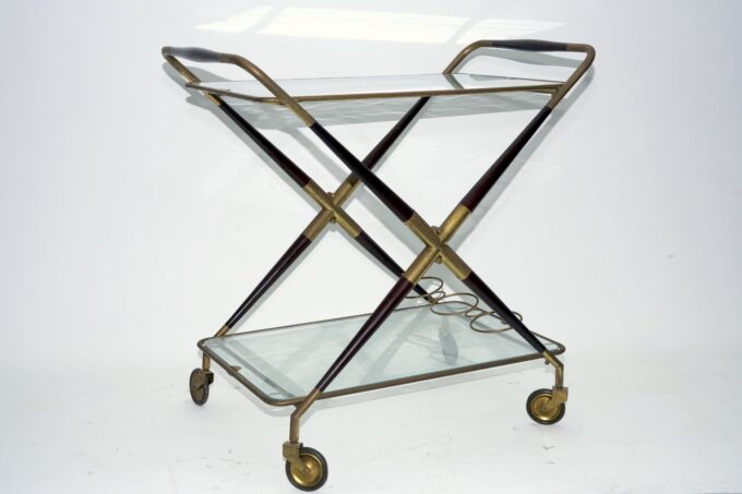 Cesare Lacca, Mid-Century Brass and Wood Bar Cart, Italy, 1950s