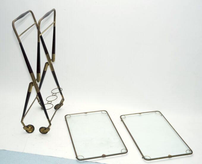 Cesare Lacca, Mid-Century Brass and Wood Bar Cart, Italy, 1950s