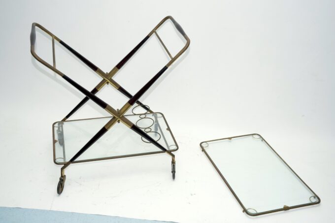 Cesare Lacca, Mid-Century Brass and Wood Bar Cart, Italy, 1950s