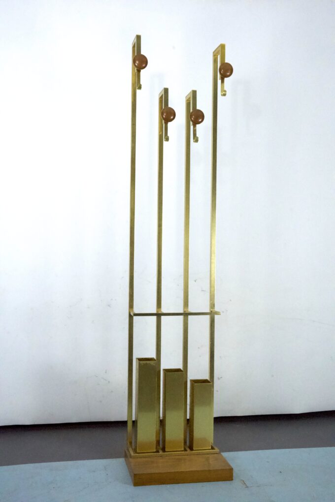 Mid-Century Brass and Wood Coat Rack. Italy 1970s