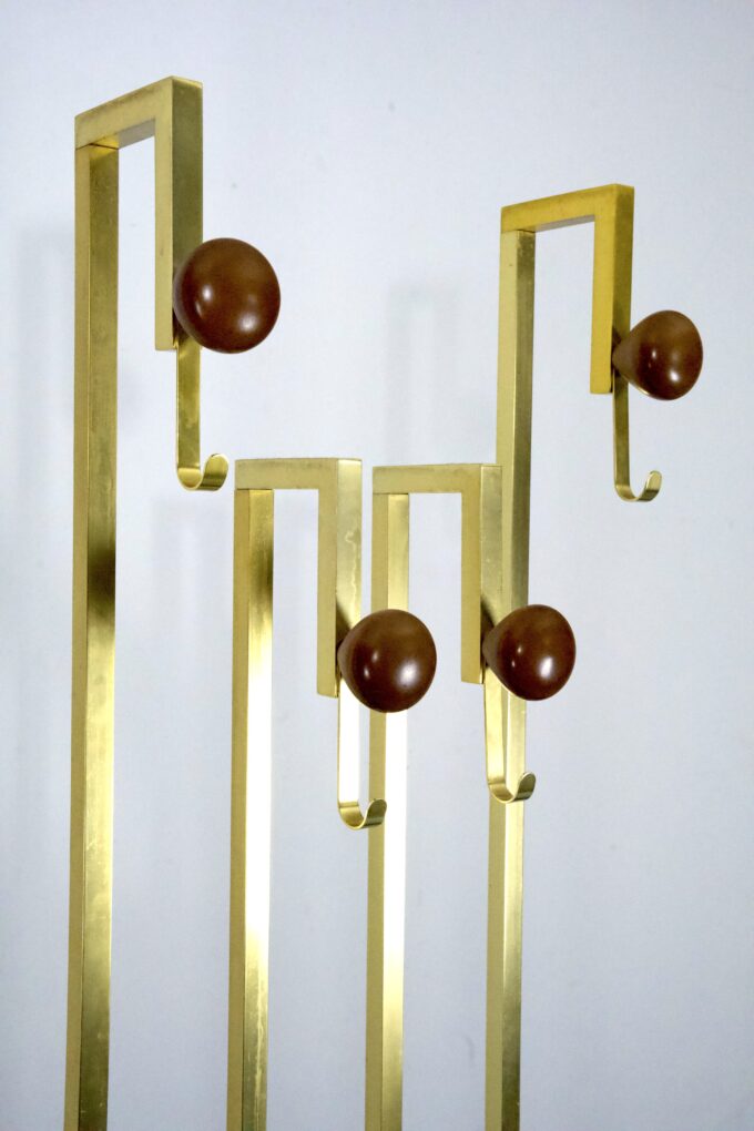 Mid-Century Brass and Wood Coat Rack. Italy 1970s