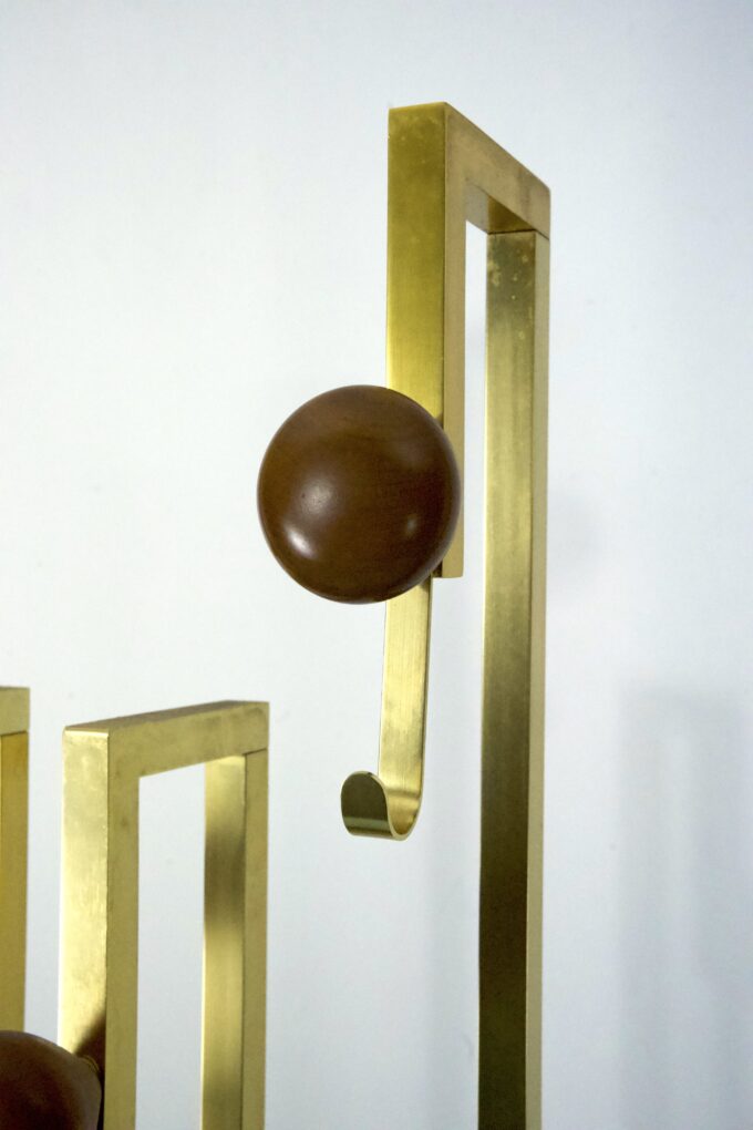 Mid-Century Brass and Wood Coat Rack. Italy 1970s