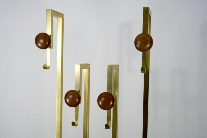 Mid-Century Brass and Wood Coat Rack. Italy 1970s