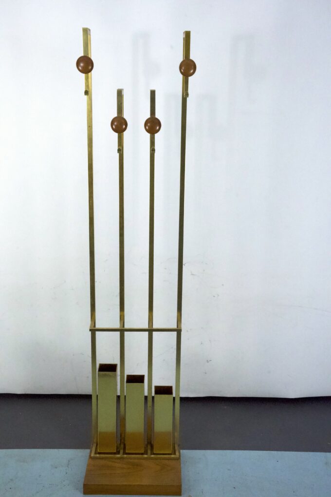 Mid-Century Brass and Wood Coat Rack. Italy 1970s