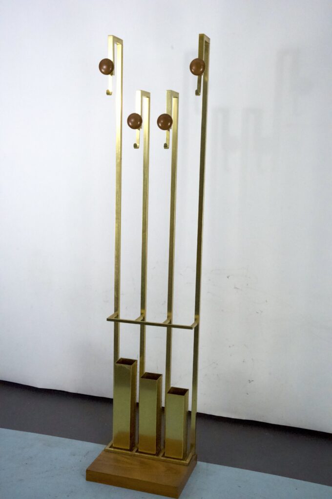 Mid-Century Brass and Wood Coat Rack. Italy 1970s