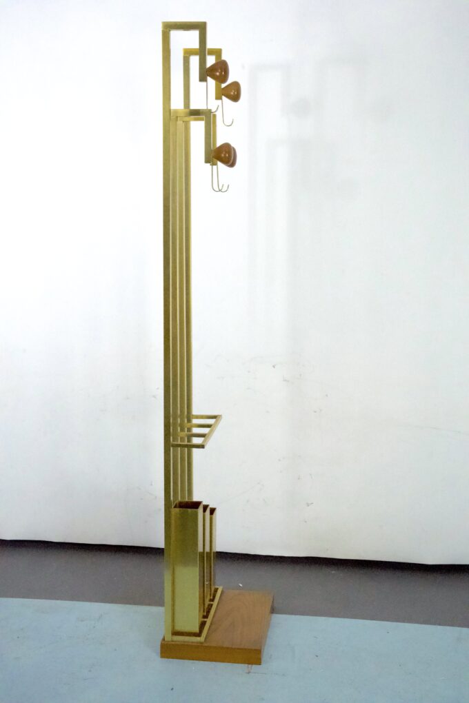 Mid-Century Brass and Wood Coat Rack. Italy 1970s