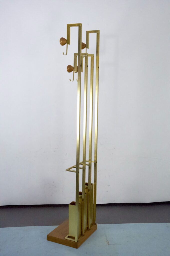 Mid-Century Brass and Wood Coat Rack. Italy 1970s