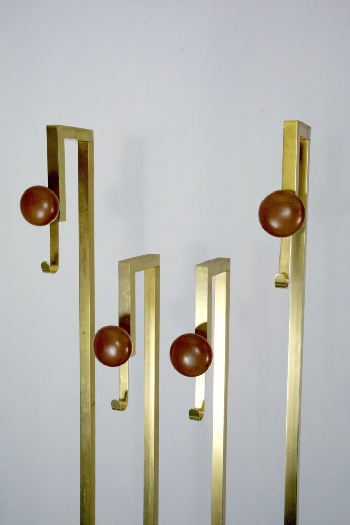 Mid-Century Brass and Wood Coat Rack. Italy 1970s