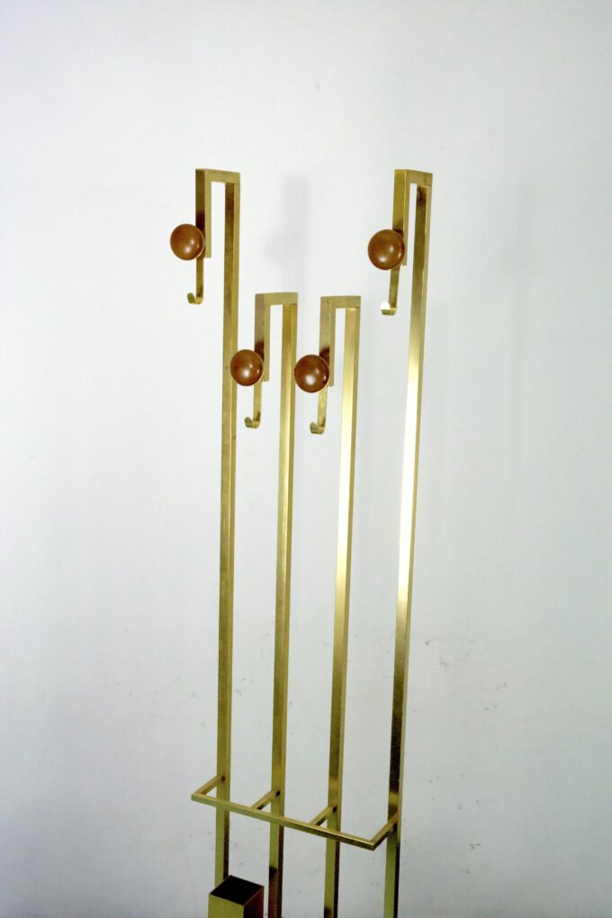 Mid-Century Brass and Wood Coat Rack. Italy 1970s