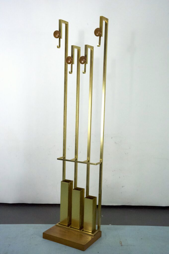 Mid-Century Brass and Wood Coat Rack. Italy 1970s