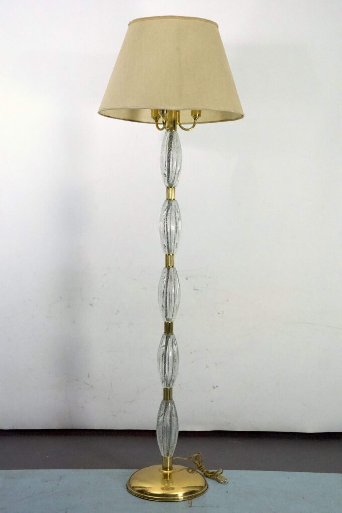 Ercole Barovier, Rare Bullicante Murano glass and brass floor lamp. Italy 1940s