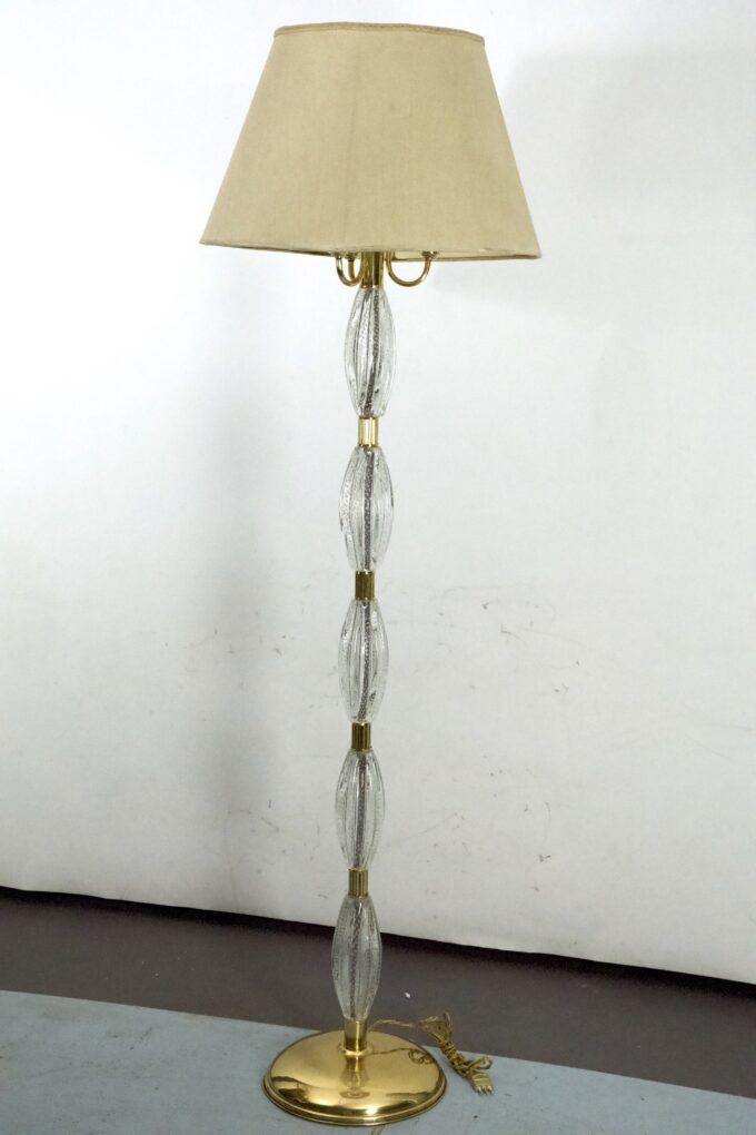 Ercole Barovier, Rare Bullicante Murano glass and brass floor lamp. Italy 1940s