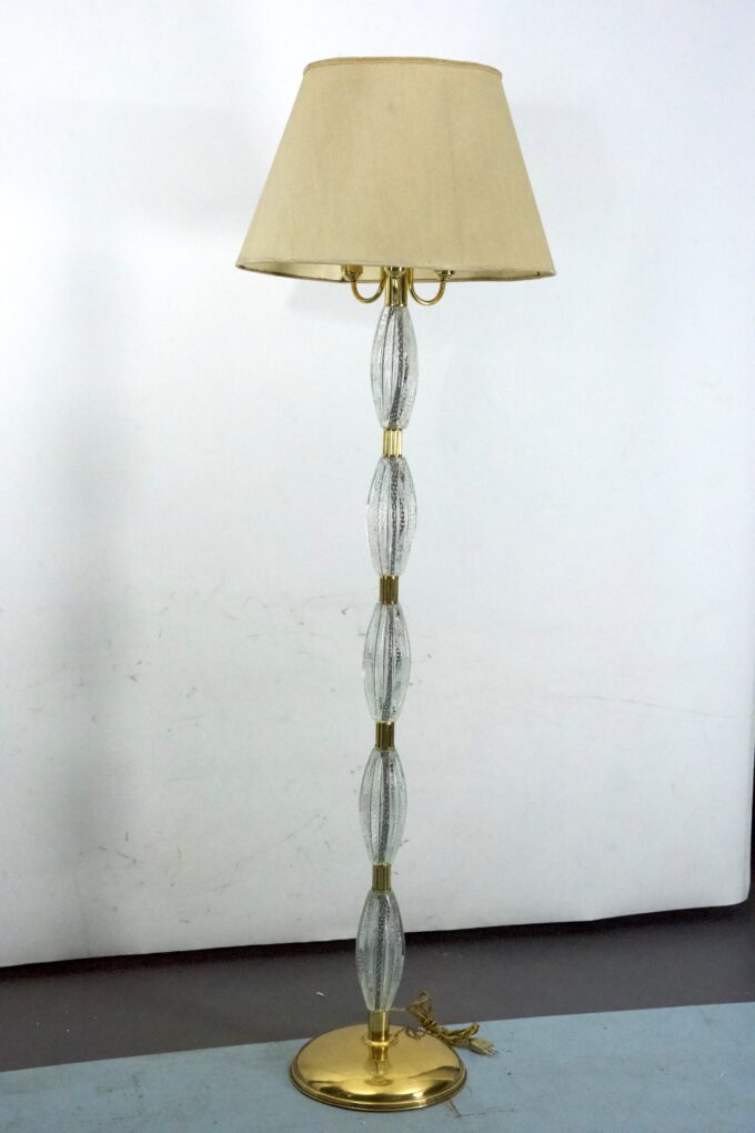 Ercole Barovier, Rare Bullicante Murano glass and brass floor lamp. Italy 1940s