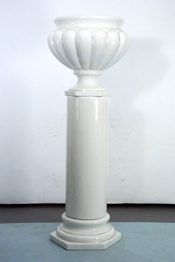 Tommaso Barbi Oversized White Ceramic Vase with Gold Details and Column, Italy, 1970s