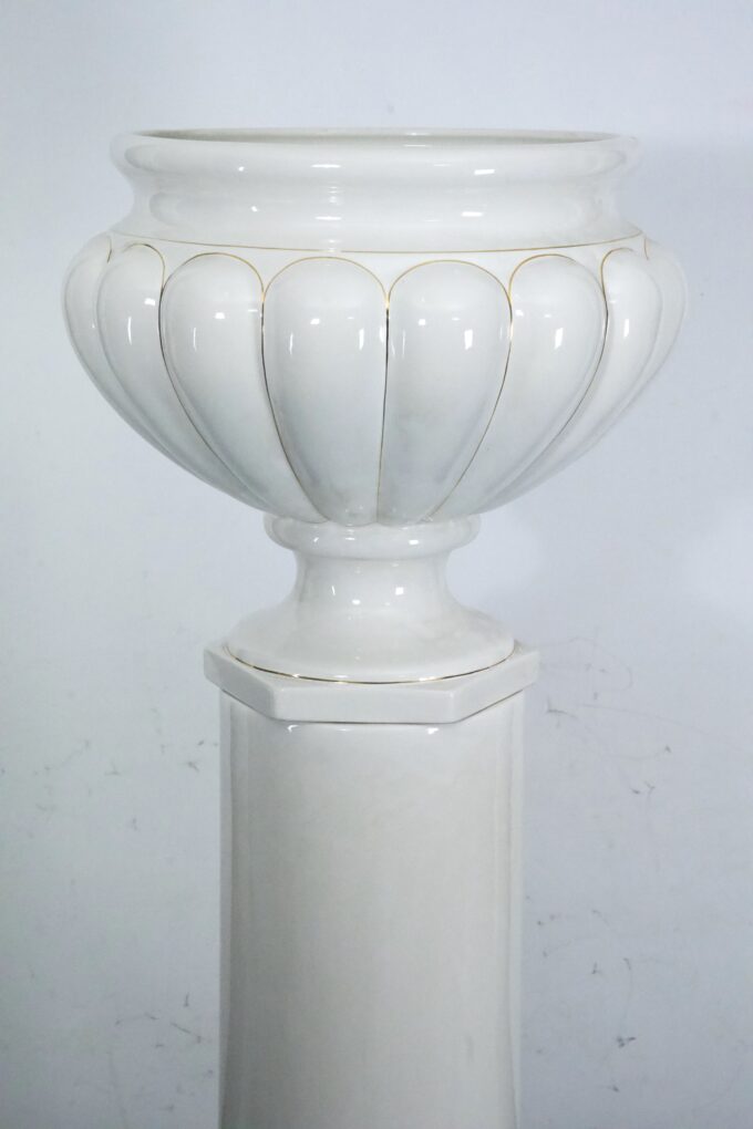 Tommaso Barbi Oversized White Ceramic Vase with Gold Details and Column, Italy, 1970s