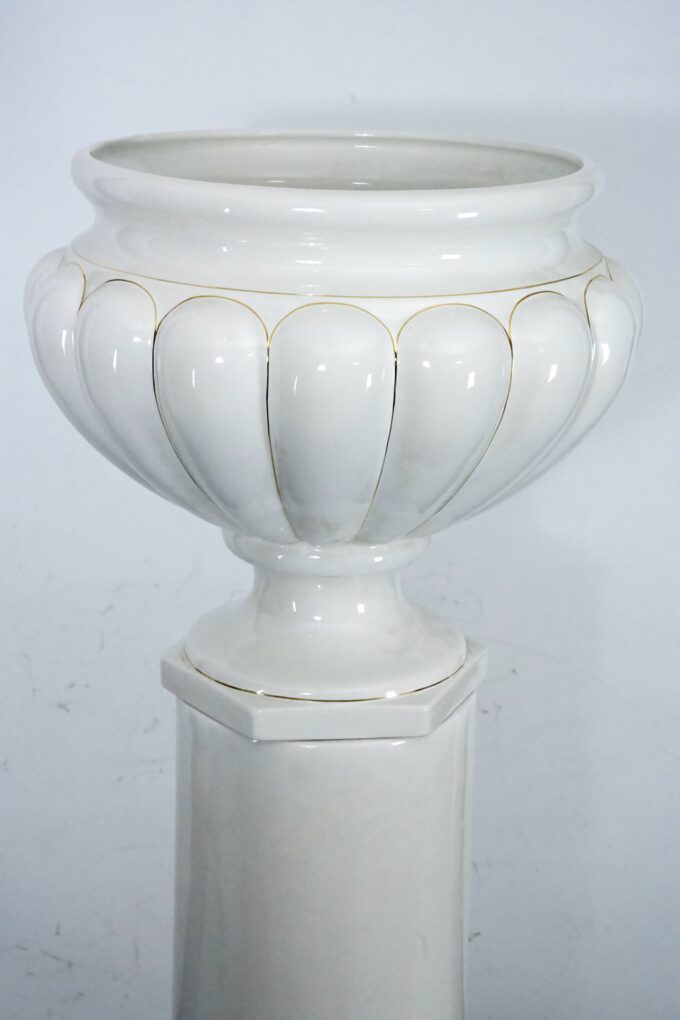 Tommaso Barbi Oversized White Ceramic Vase with Gold Details and Column, Italy, 1970s