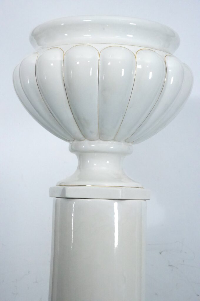 Tommaso Barbi Oversized White Ceramic Vase with Gold Details and Column, Italy, 1970s