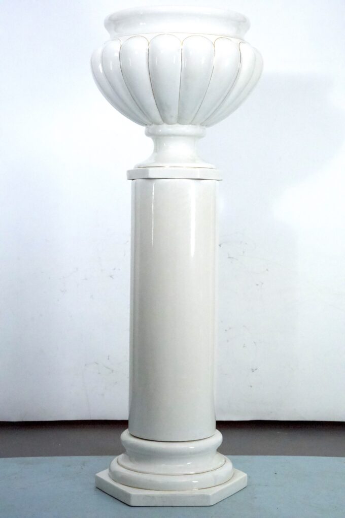 Tommaso Barbi Oversized White Ceramic Vase with Gold Details and Column, Italy, 1970s