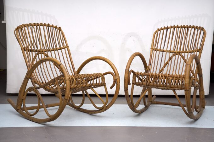 Franco Albini style, pair of rattan and bamboo rocking chairs. Italy 1950s