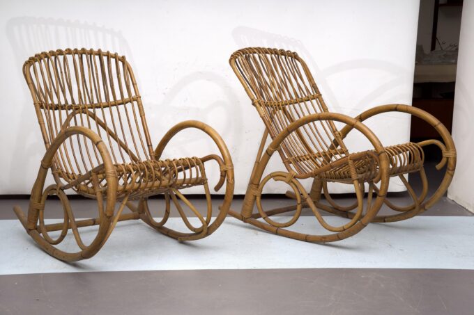 Franco Albini style, pair of rattan and bamboo rocking chairs. Italy 1950s