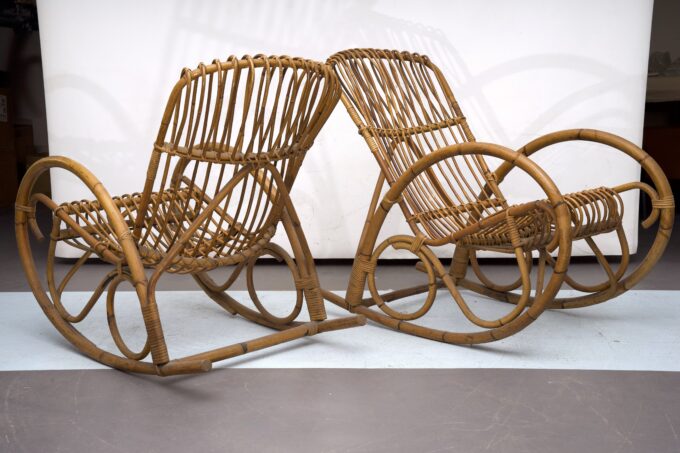 Franco Albini style, pair of rattan and bamboo rocking chairs. Italy 1950s