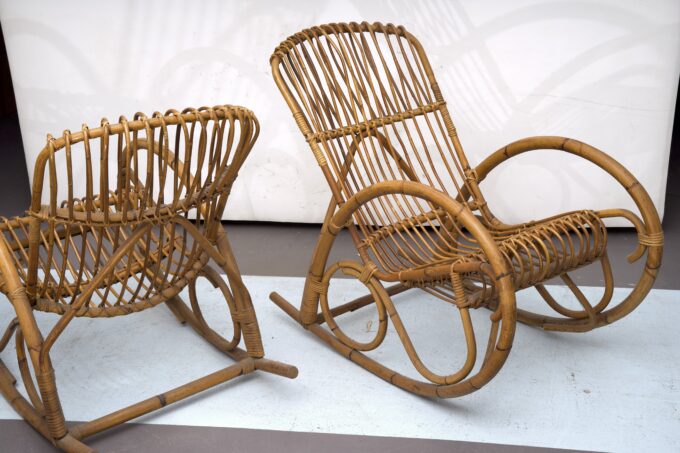 Franco Albini style, pair of rattan and bamboo rocking chairs. Italy 1950s