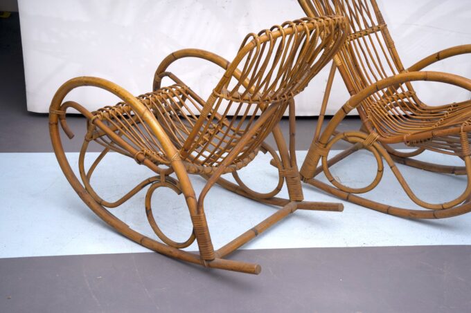 Franco Albini style, pair of rattan and bamboo rocking chairs. Italy 1950s