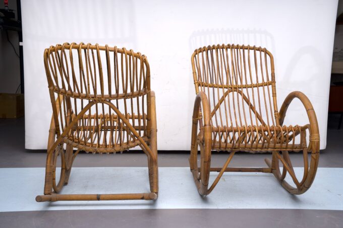 Franco Albini style, pair of rattan and bamboo rocking chairs. Italy 1950s