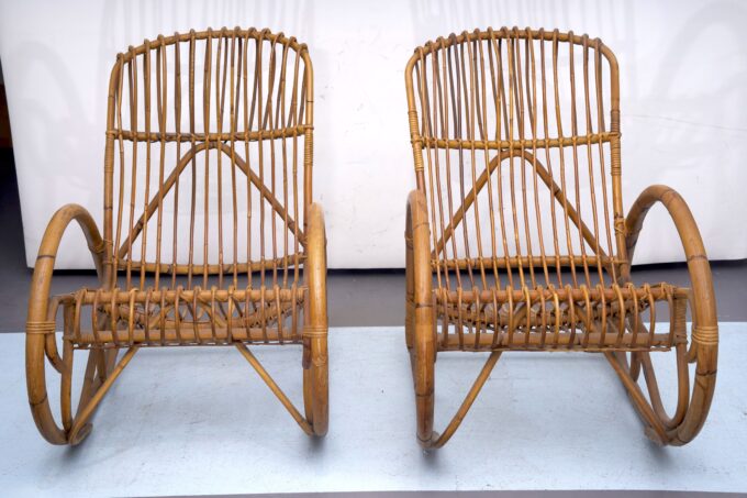 Franco Albini style, pair of rattan and bamboo rocking chairs. Italy 1950s