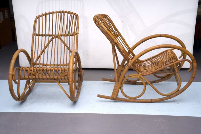 Franco Albini style, pair of rattan and bamboo rocking chairs. Italy 1950s