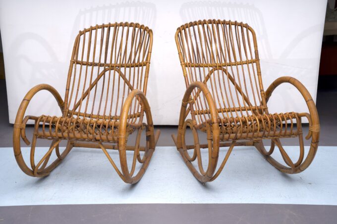 Franco Albini style, pair of rattan and bamboo rocking chairs. Italy 1950s