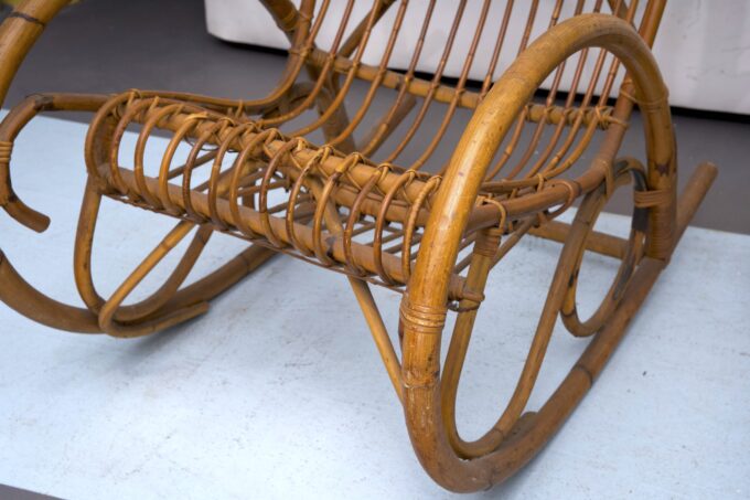 Franco Albini style, pair of rattan and bamboo rocking chairs. Italy 1950s