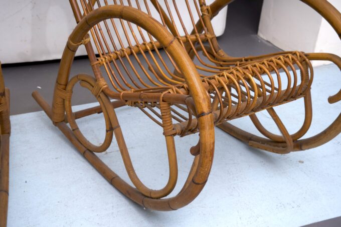 Franco Albini style, pair of rattan and bamboo rocking chairs. Italy 1950s