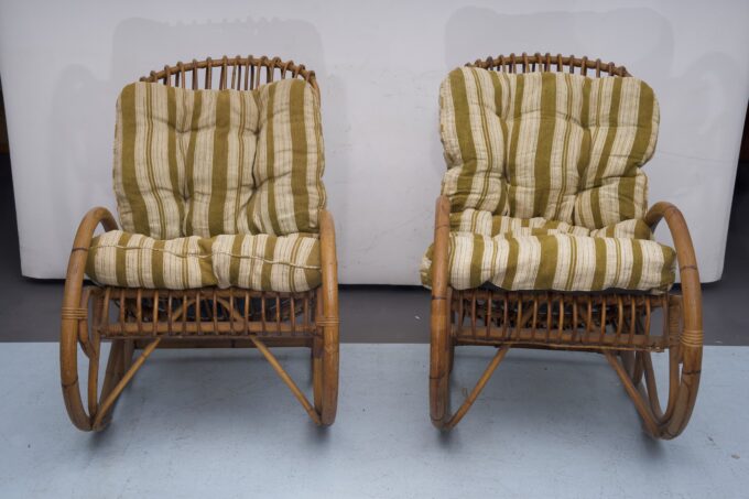 Franco Albini style, pair of rattan and bamboo rocking chairs. Italy 1950s