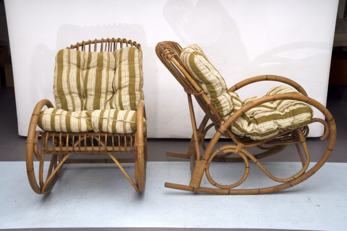 Franco Albini style, pair of rattan and bamboo rocking chairs. Italy 1950s