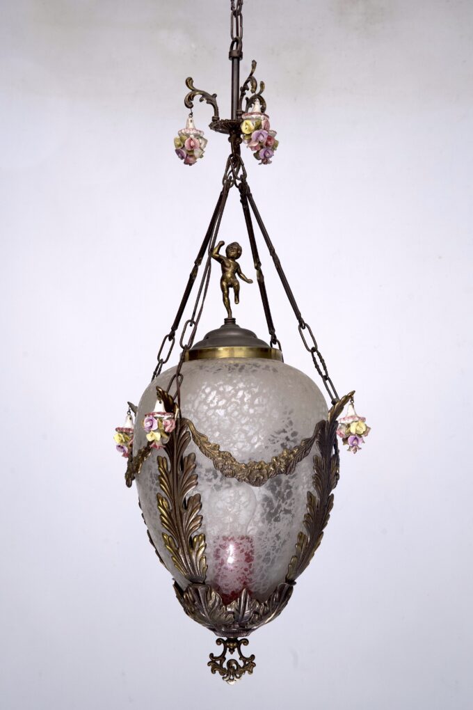 Italian Brass, etched glass and capodimonte flowers Lantern from 50s