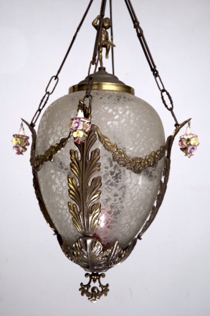 Italian Brass, etched glass and capodimonte flowers Lantern from 50s