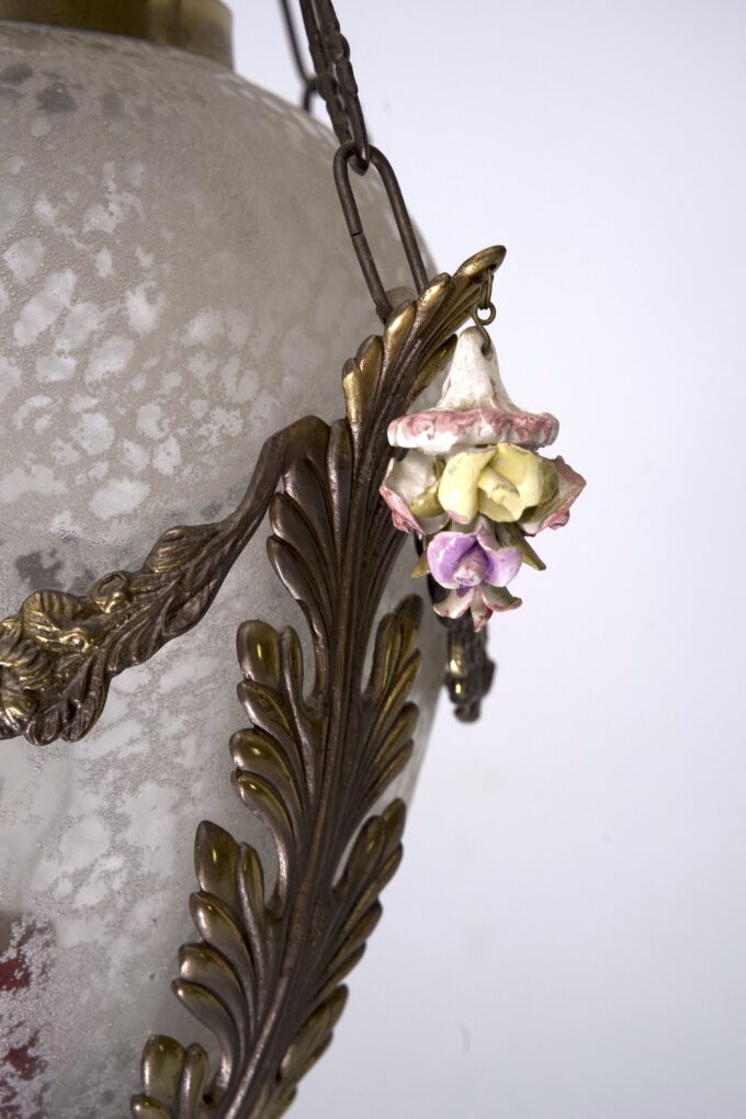 Italian Brass, etched glass and capodimonte flowers Lantern from 50s