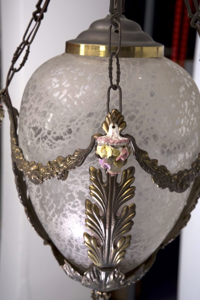 Italian Brass, etched glass and capodimonte flowers Lantern from 50s