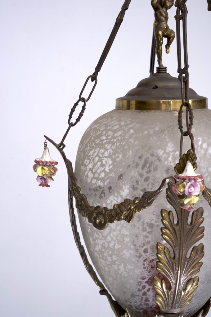 Italian Brass, etched glass and capodimonte flowers Lantern from 50s