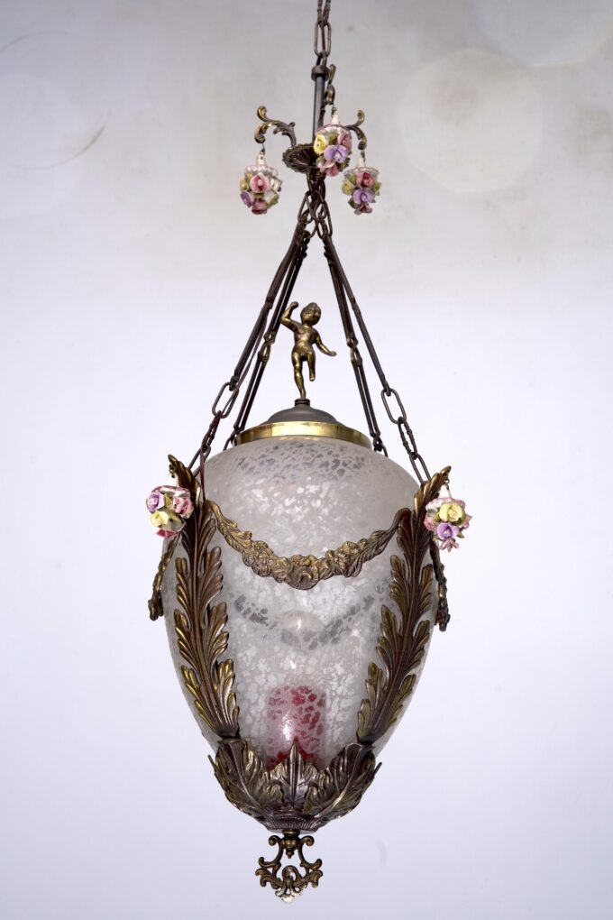 Italian Brass, etched glass and capodimonte flowers Lantern from 50s