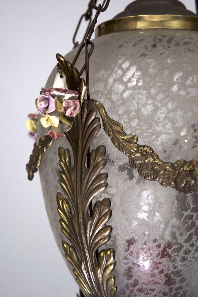 Italian Brass, etched glass and capodimonte flowers Lantern from 50s