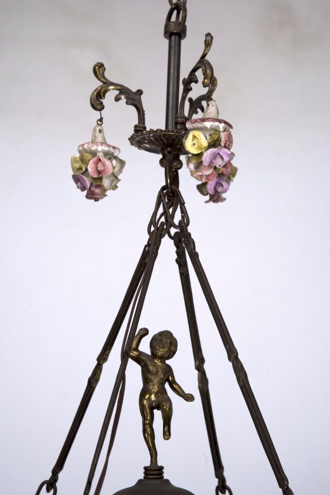 Italian Brass, etched glass and capodimonte flowers Lantern from 50s