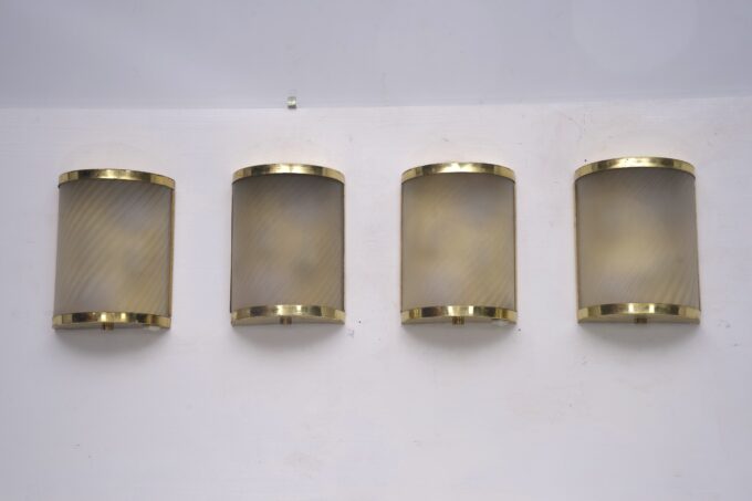 Rare Set of Four Valentino Brass and Etched Glass Wall Sconces, Italy 1980s