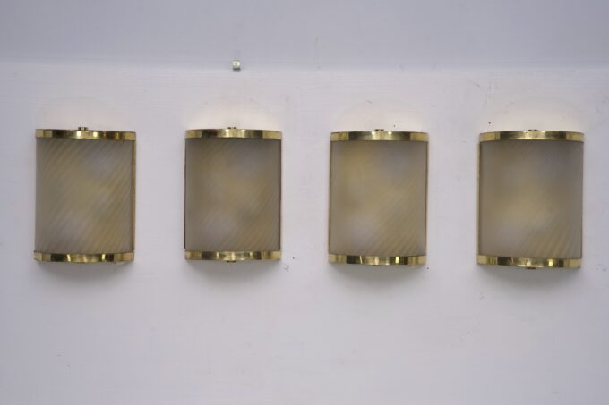 Rare Set of Four Valentino Brass and Etched Glass Wall Sconces, Italy 1980s