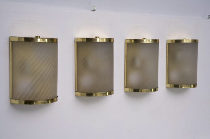 Rare Set of Four Valentino Brass and Etched Glass Wall Sconces, Italy 1980s